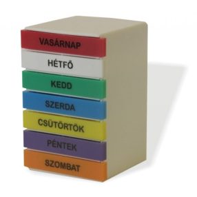 Gyógyszeradagoló heti torony, színes felíratokkal