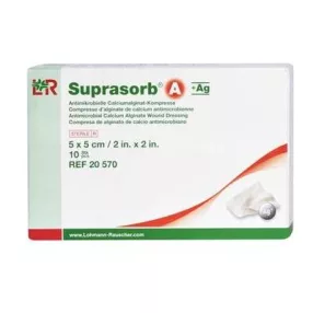   SUPRASORB A + AG ANTIMIKROBÁLIS KÁLCIUM+EZÜST ALGINÁT 5X5 CM SEBFEDŐ KÖTSZER (LOHMANN) 10DB/DOBOZ
