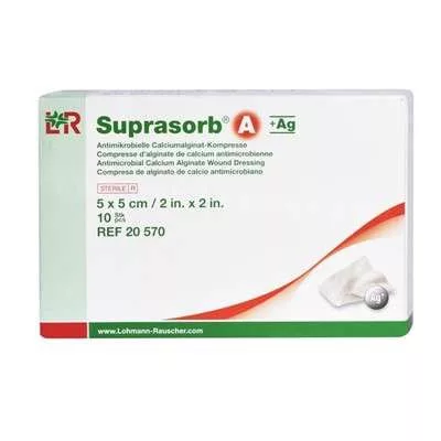 SUPRASORB A + AG ANTIMIKROBÁLIS KÁLCIUM+EZÜST ALGINÁT 5X5 CM SEBFEDŐ KÖTSZER (LOHMANN) 10DB/DOBOZ